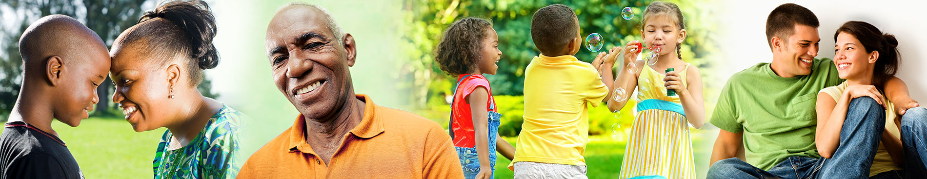 Collage of happiness, smiling faces and children blowing bubbles.